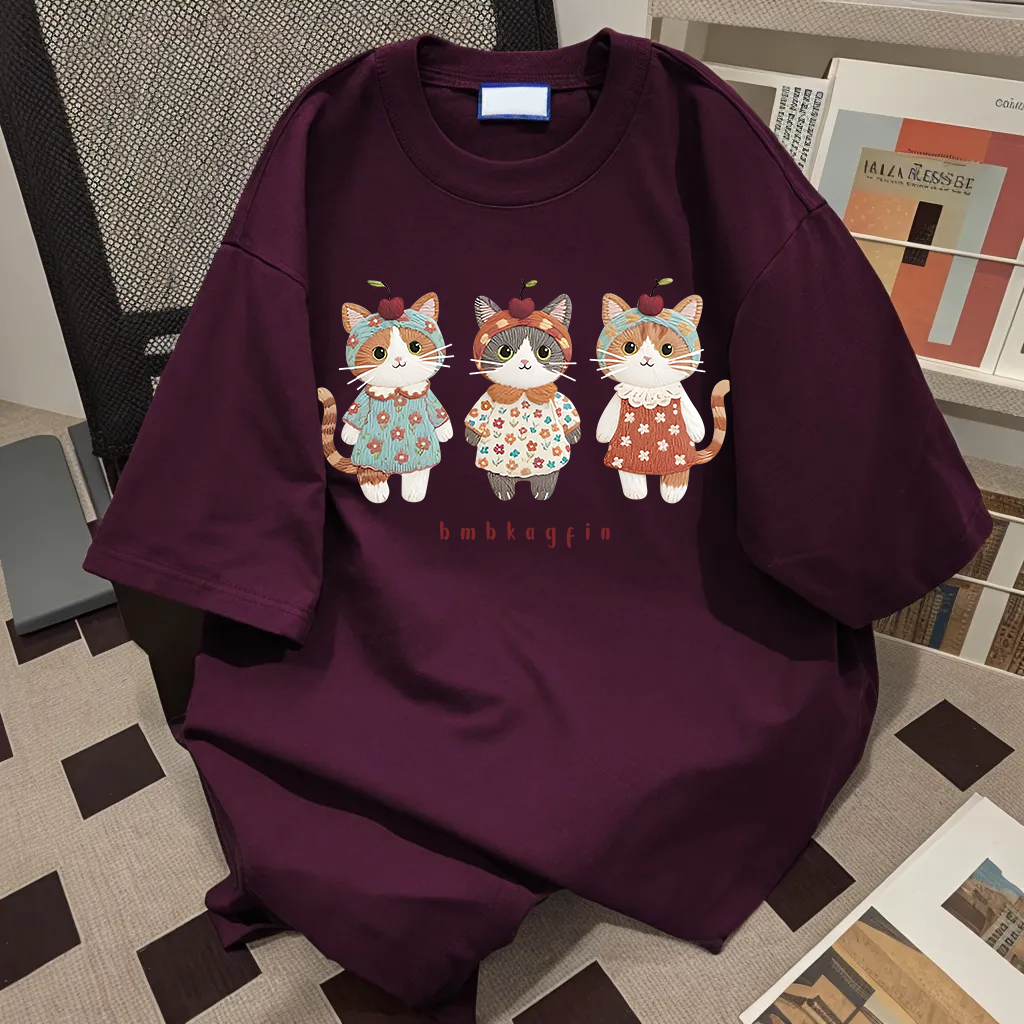 美式可爱仿刺绣猫咪纯棉短袖t恤女夏潮牌hiphop街头风中长款上衣