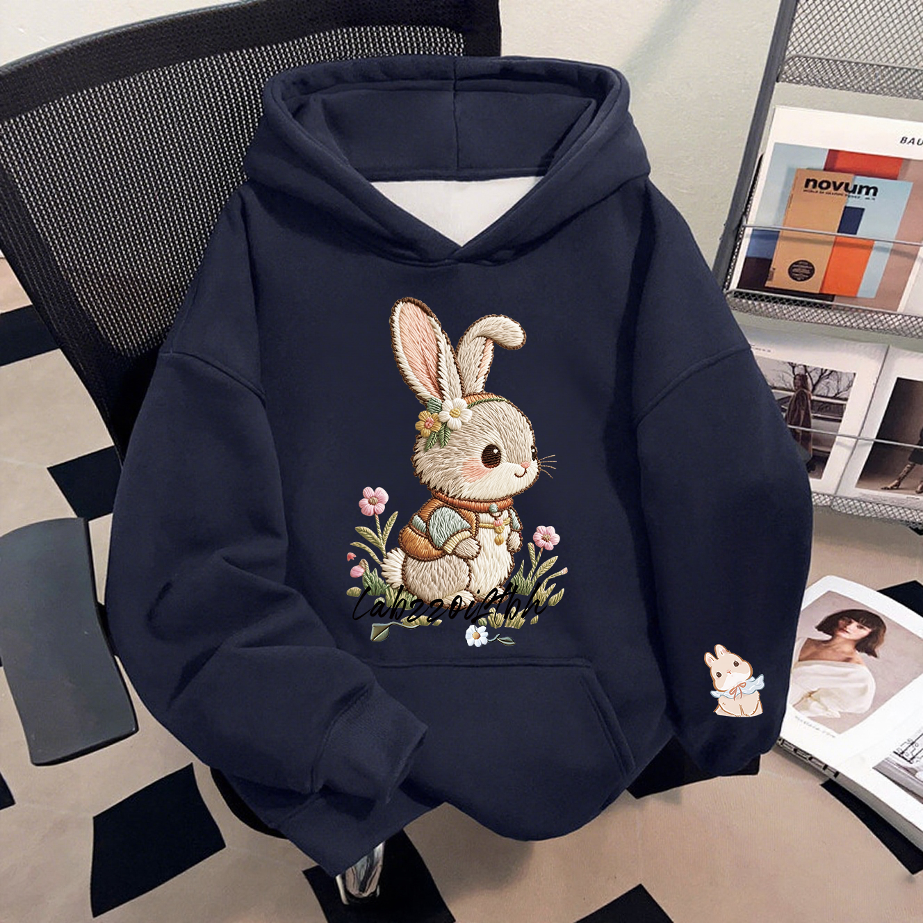 美式嘻哈设计感精致兔子卫衣2025秋冬宽松卡通印花百搭外套潮ins
