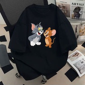 t恤女2025新款 仿刺绣夏季 宽松美式 黑色纯棉卡通短袖 高街半袖 上衣