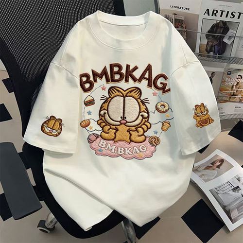纯棉白色短袖T恤新款爆款呆萌加菲猫设计感小众美式半袖宽松上衣