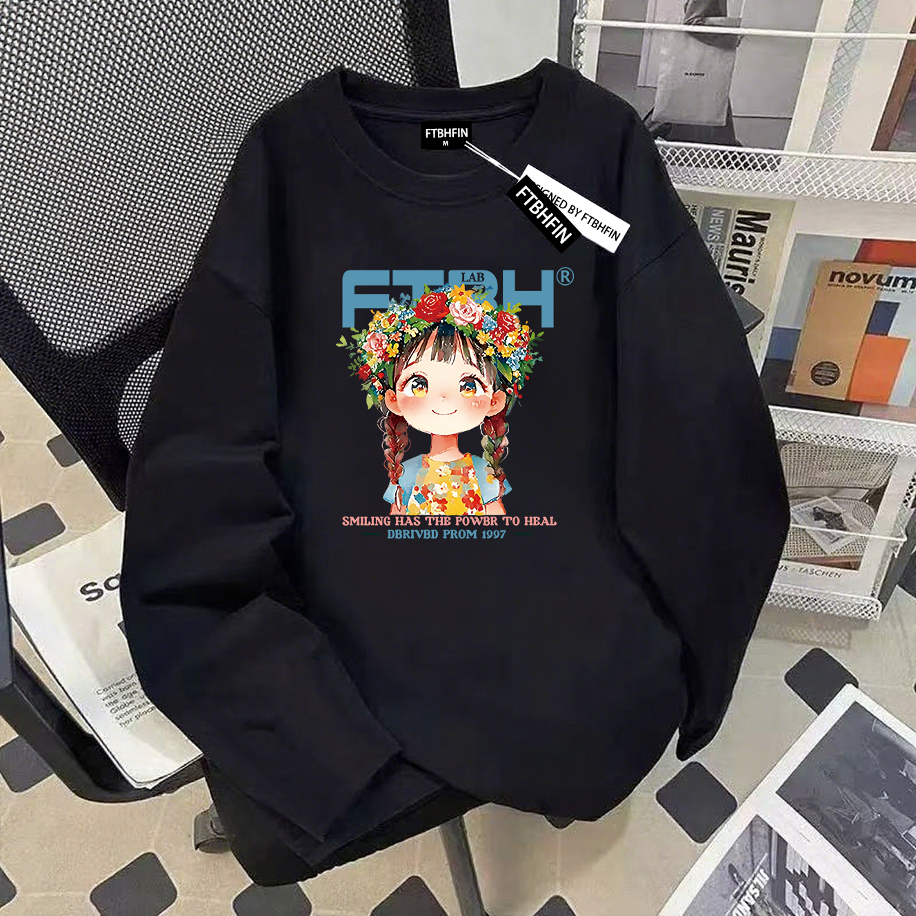 美式潮牌黑色长袖t恤韩系慵懒春秋花漾少女上衣情侣纯棉打底上衣,女装/女士精品,T恤,淘宝优惠券,粉丝福利购,淘宝优惠卷