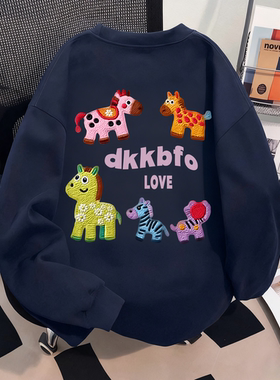 FTBHFIN秋季藏青色潮酷T恤玩具小马印花纯棉潮酷长袖ins男女上衣