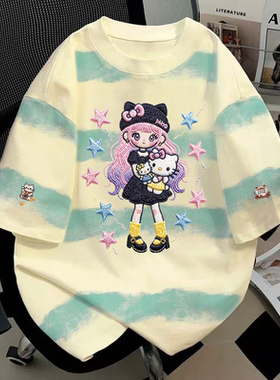 纯棉扎染渐变条纹米绿色短袖t恤夏季爆款潮流宽松粉发萌姬上衣潮