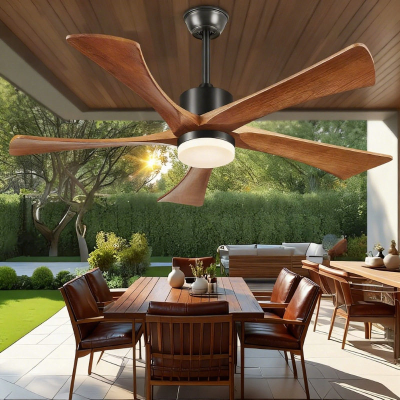吊扇带灯52 英寸户外庭院风扇5叶片6档速度可逆无噪音直流电机木