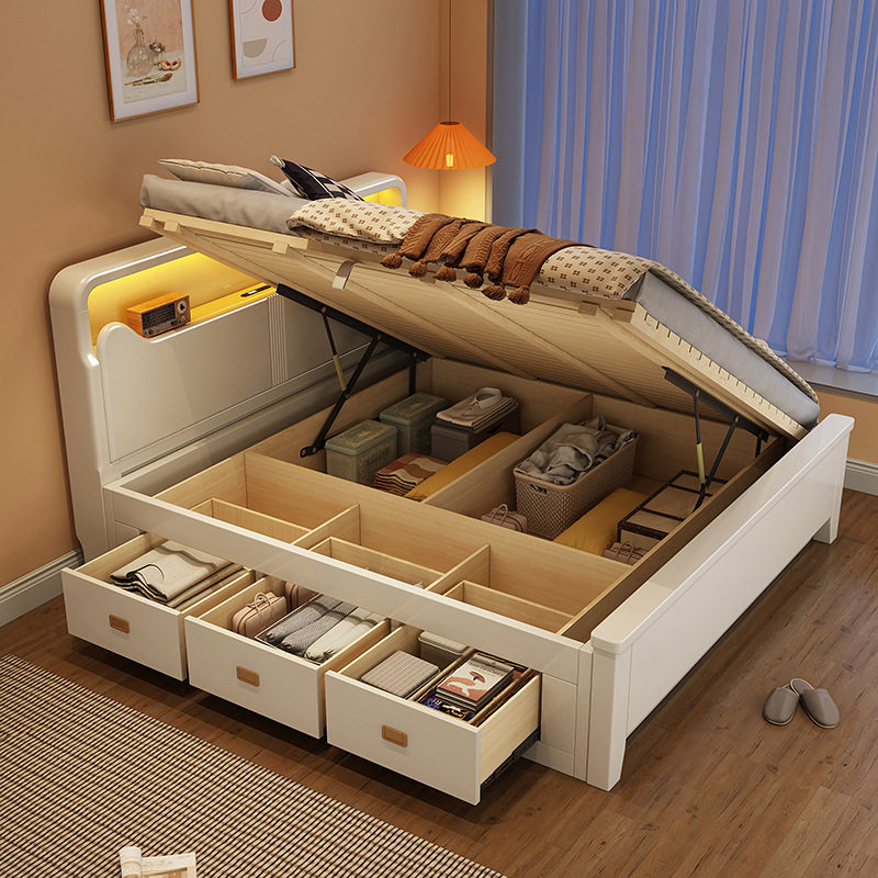 批发北欧全实木床1米8收纳高箱体储物抽屉床双人主卧婚床2米x2米2