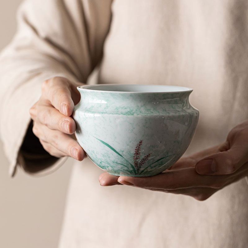 釉下彩手绘芦苇陶瓷建水茶洗茶渣缸洗茶碗水盂家用水洗茶道零配