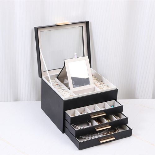 PU皮开窗翻盖高档收纳盒 精致4层八色五金锁扣带镜子大珠宝首饰盒