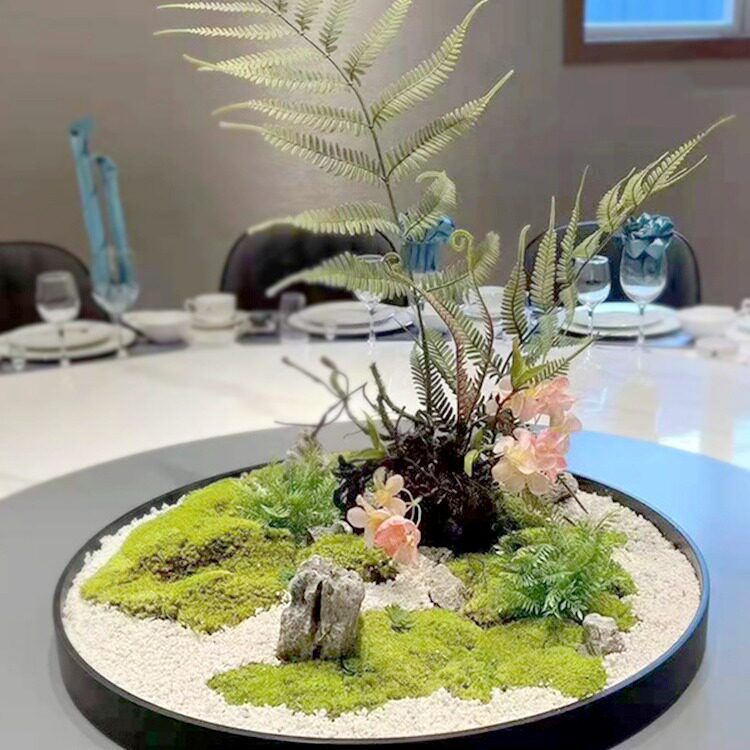 酒店餐桌中间装饰品景观摆件大圆桌转盘造景花永生苔藓摆设花