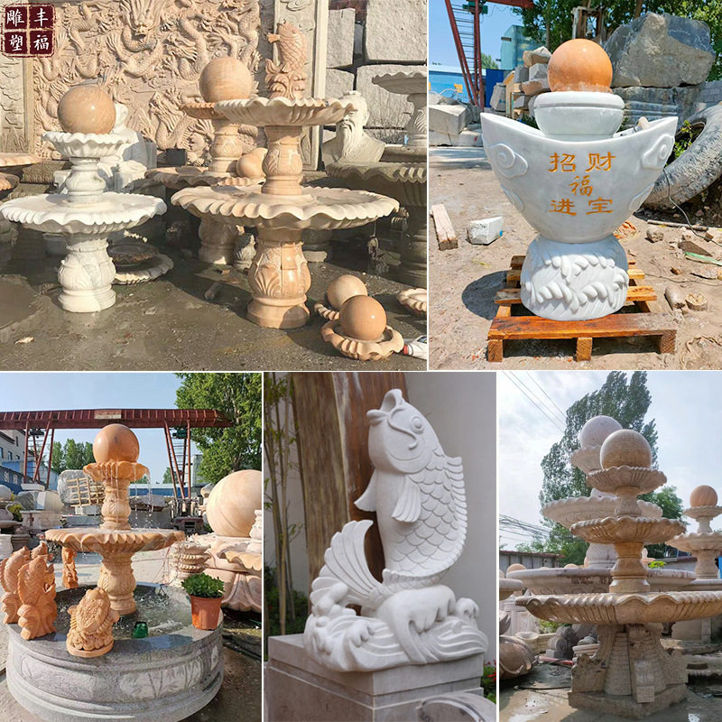 现货大理石双层鲤鱼喷泉雕塑