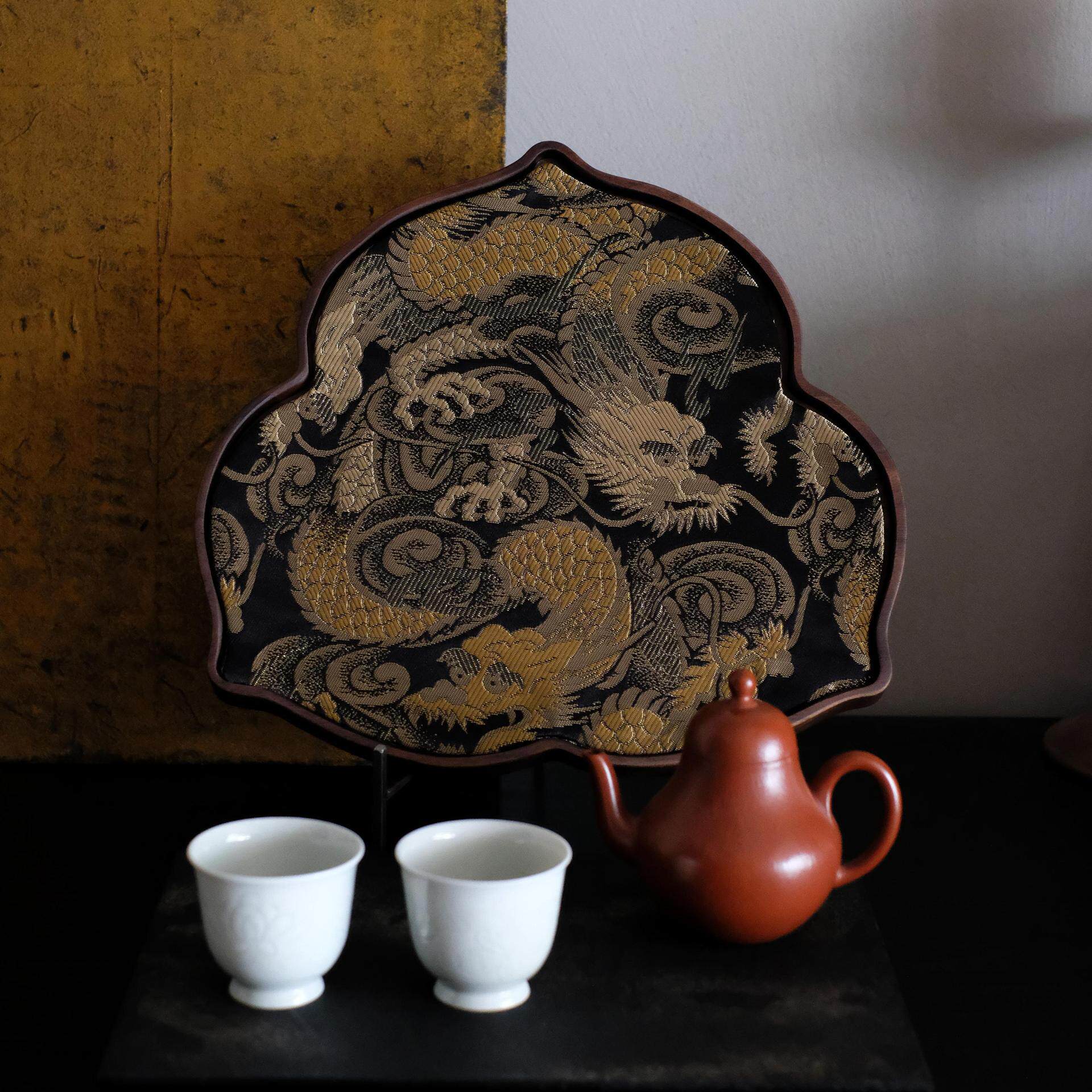 慢蓝香云纱 红云纱织锦茶席垫 北美胡桃木干泡盘桃型茶席23*22