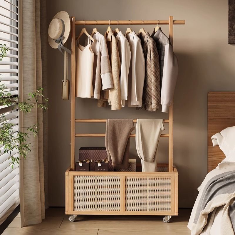 塑藤立式多功能落地挂衣架家用卧室移动简易置物架带门单杆衣帽架