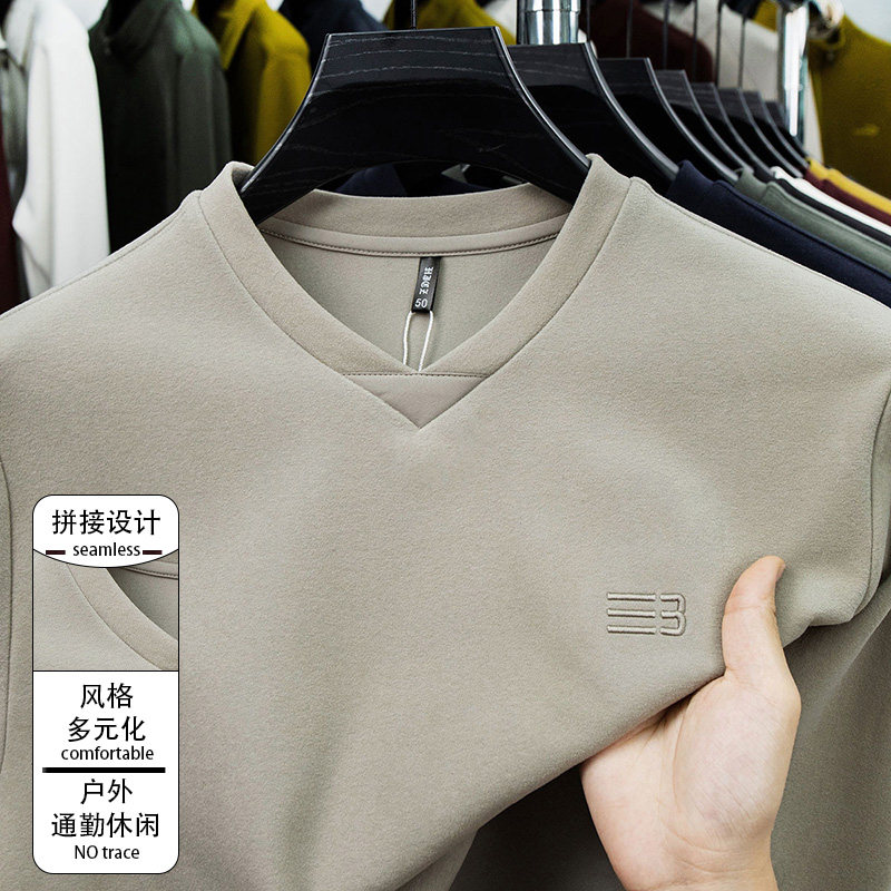 LUXURY PIG纯色休闲V领长袖卫衣冬季中年爸爸装男士打底上衣6613