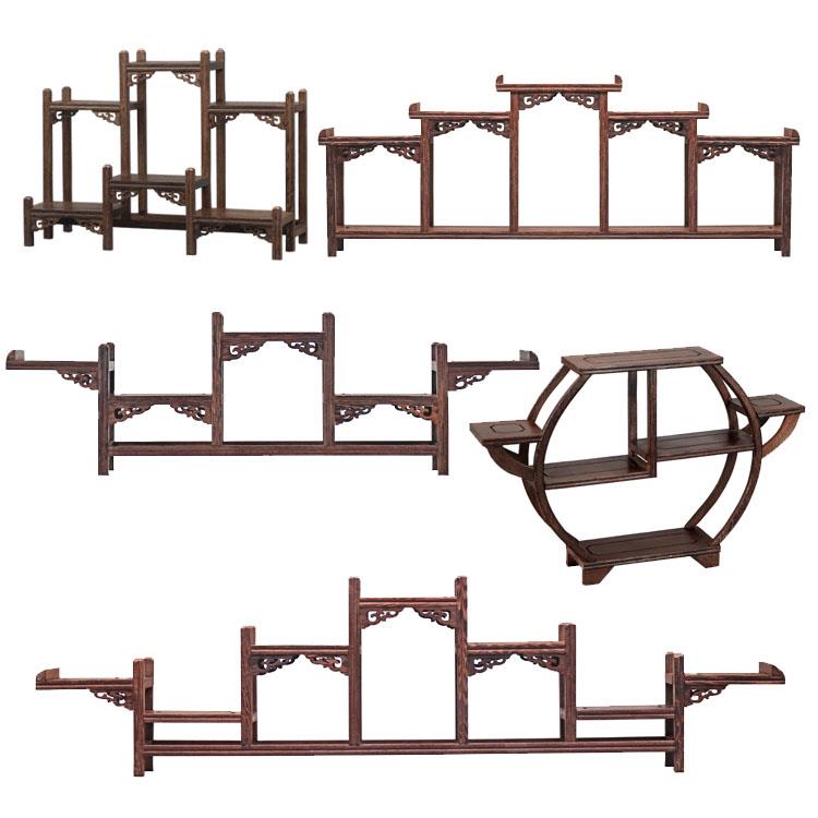 N5鸡翅实木雕博古架小型紫砂茶壶展示架子中式摆件多宝阁桌面置物