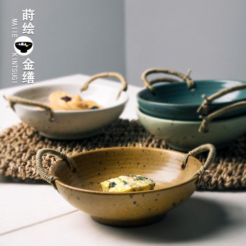 复古餐具创意日式双耳小碗麻绳粗陶甜品碗个性汤碗土陶面碗盘子