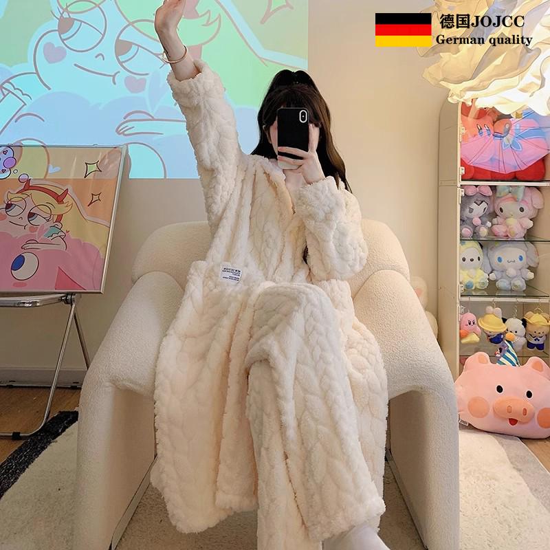 德国中长款珊瑚绒睡袍女