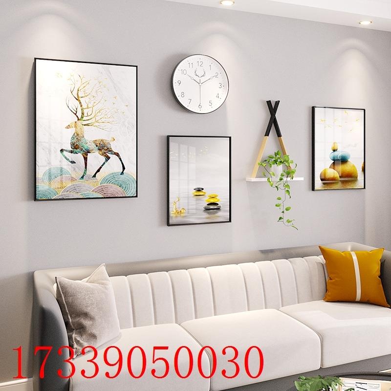 新中式客厅3框晶瓷装饰画置物架组合发财鹿挂画卧室墙上画框饰品图片