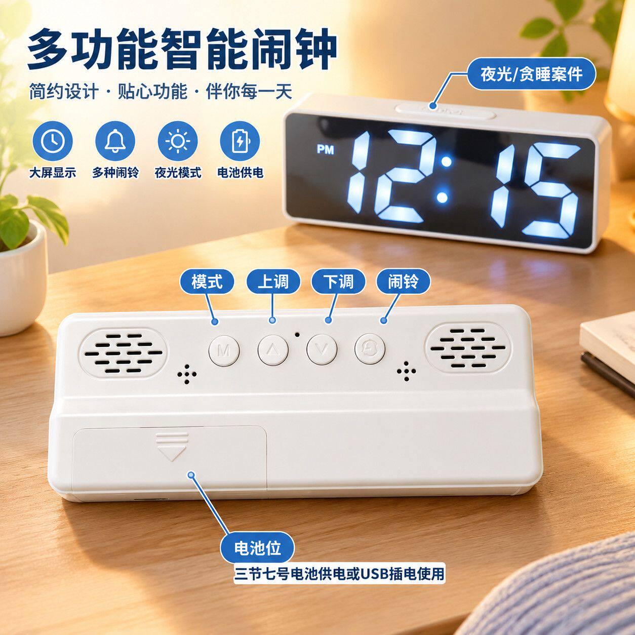学生台式桌面电子闹钟 ins 静音夜光镜面简约智能多功能数字时钟
