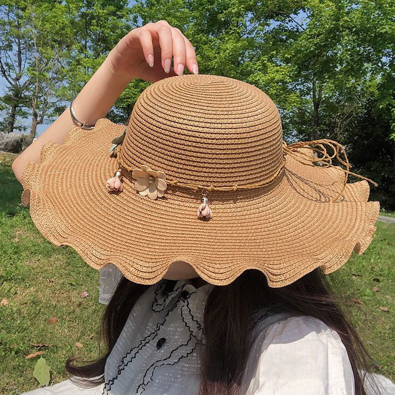 草帽女韩版潮大帽檐波浪边沙滩防晒帽遮脸防紫外线花朵百搭遮阳帽