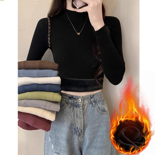 黑色半高领坑条毛衣女秋冬季高级感加绒加厚一体绒内搭打底衫上衣