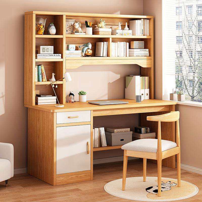 书桌书架一体家用台式电脑桌带主机位实木写字桌出租屋床边桌子