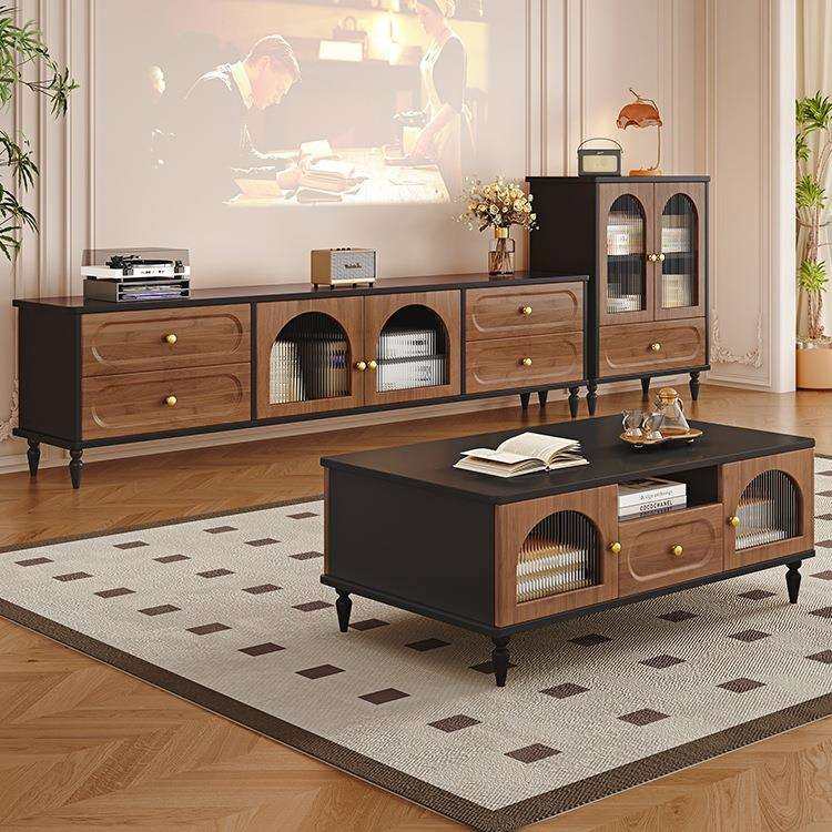 复古实木电视柜客厅家用收纳储物柜一体中古风茶几组合落地柜边柜