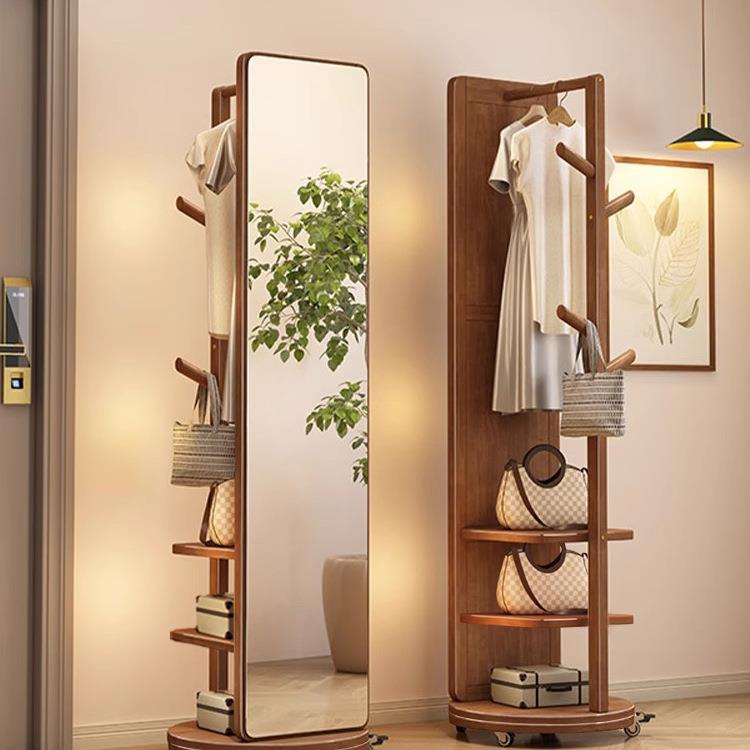 实木挂衣架卧室落地衣帽架穿衣镜一体客厅家用可移动多功能置物架