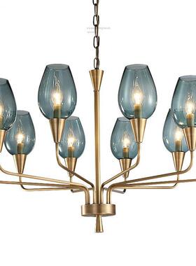 美式简约全铜吊灯新款蓝色水晶玻璃led灯卧室客厅现代轻奢餐厅灯