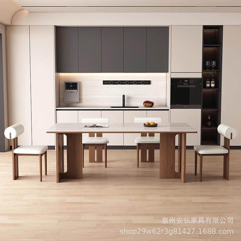 中古风胡桃色岩板餐桌椅组合家用小户型实木餐桌长方形家用饭桌