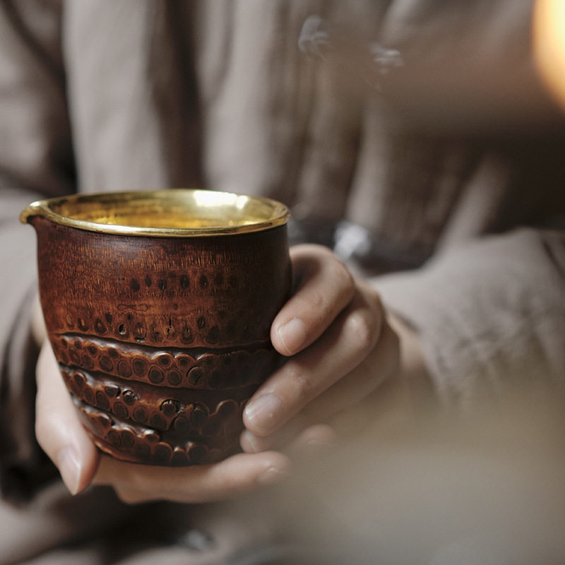 天然竹根名家手工金银分公道杯