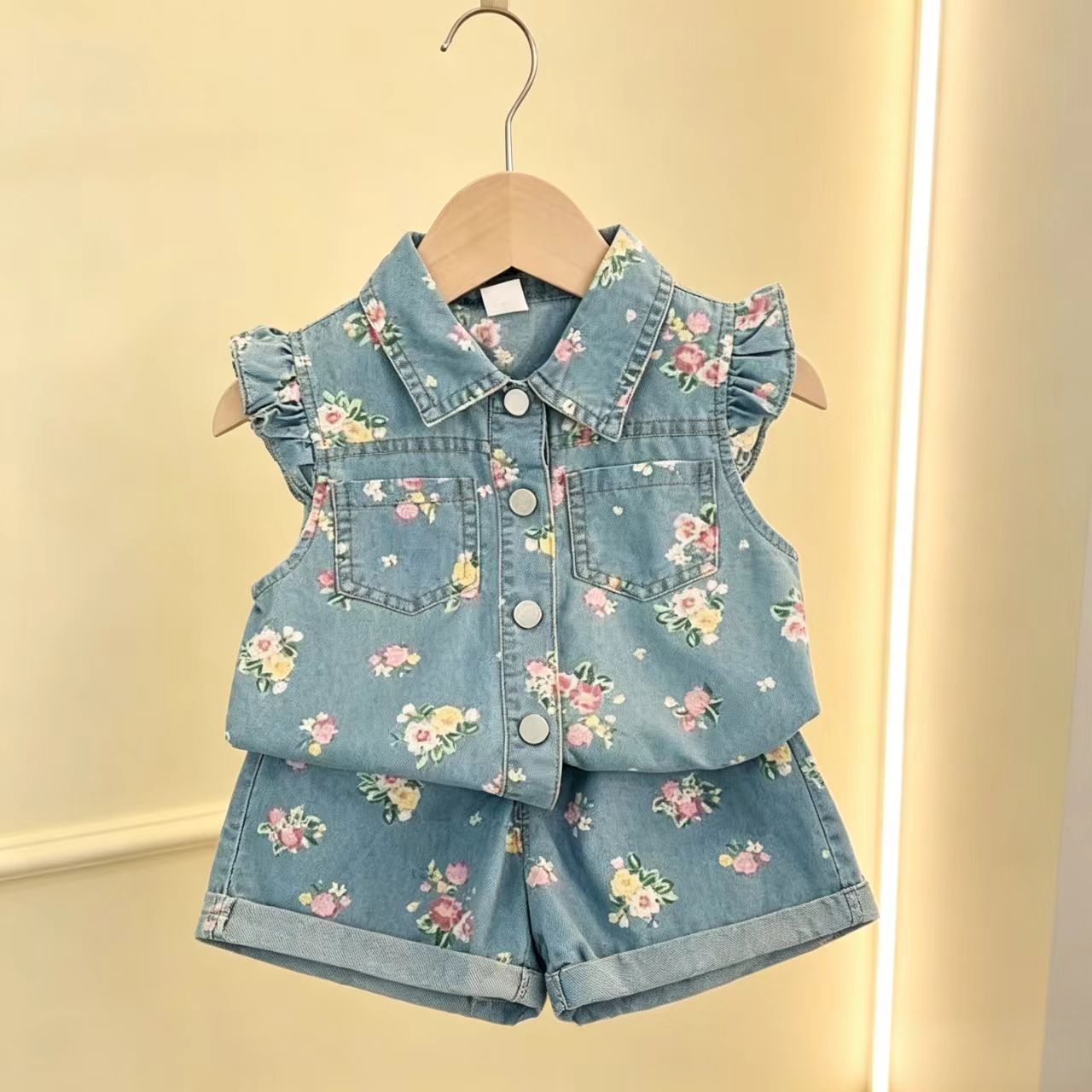 2026夏季女童飞袖牛仔印花套装