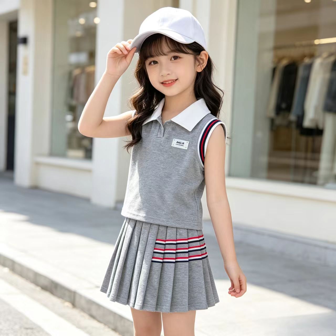 女童学院风Polo领无袖背心套装
