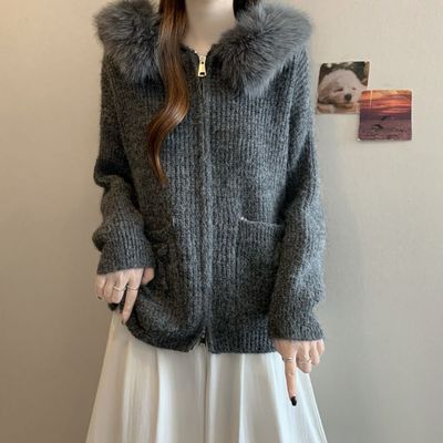 毛毛领韩系毛衣外套女秋