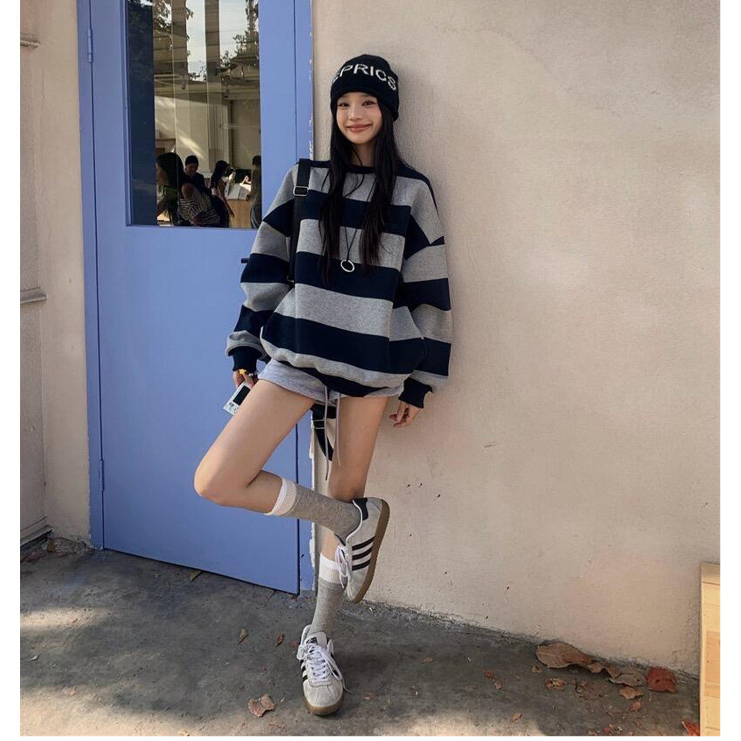 美式复古撞色条纹卫衣女