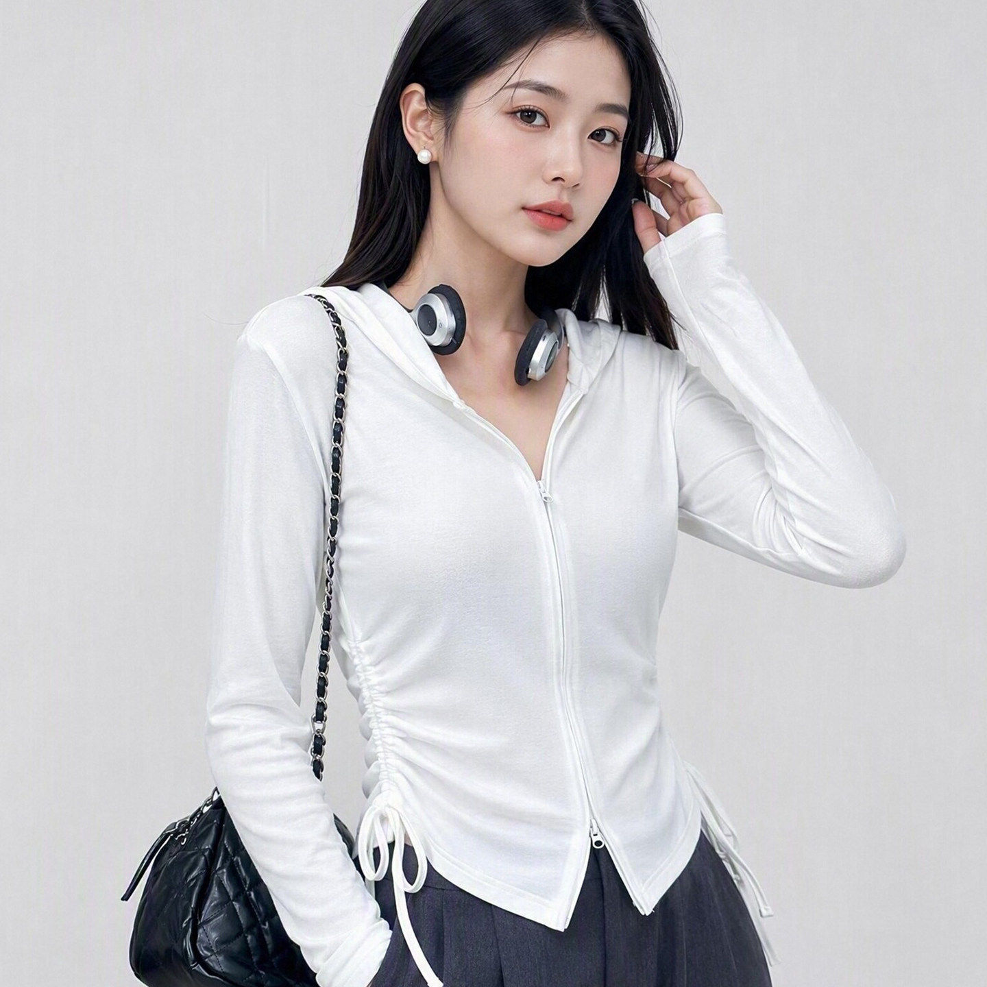 早秋连帽拉链针织开衫女
