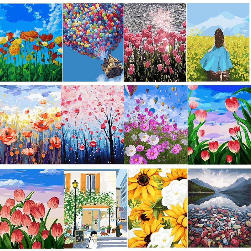 现货一件数字油画diy郁金香手绘填充画丙烯兰花卉油彩画装饰图片