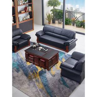 办公沙发，咖啡桌，商务接待，简约现代公司休息区，真皮三人沙发