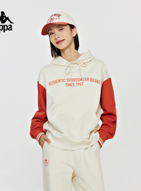 Kappa卡帕复古套头帽衫2024新款女撞色运动卫衣休闲长袖K0E22MT01