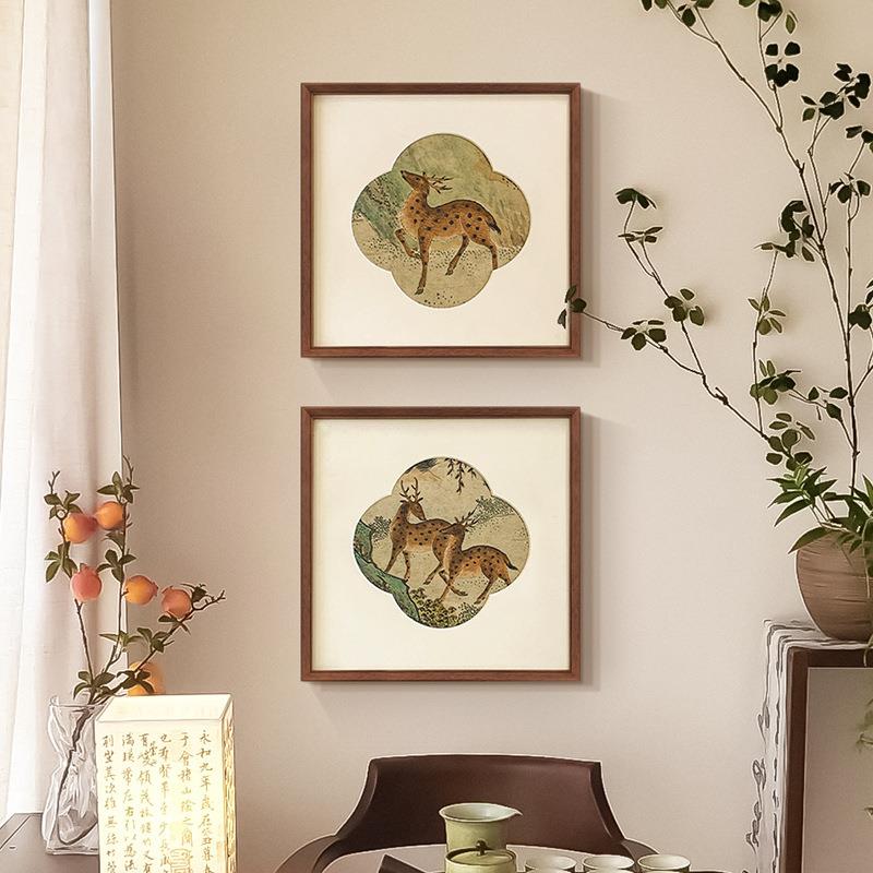 福鹿宋代美学中古艺术装饰画绢布国风新中式客厅玄关矮柜背景挂画