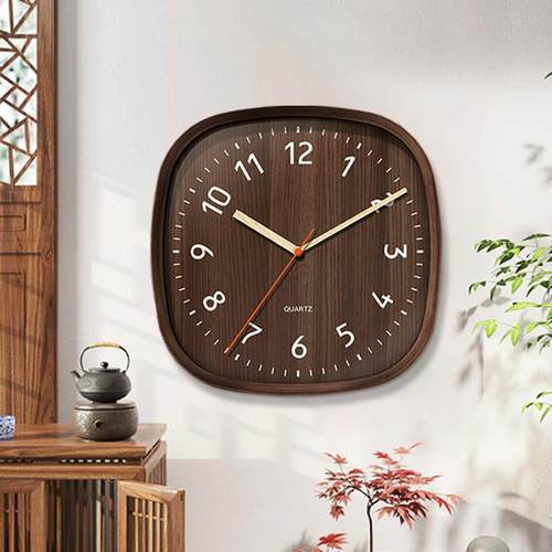 方形圆形日式钟表木纹挂钟创意客厅装饰静音时钟现代石英钟挂表