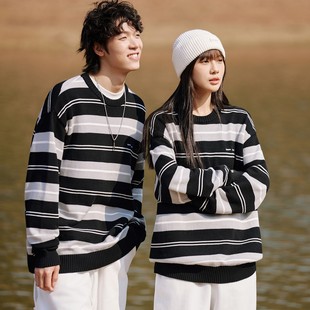 针织衫 UPPER春季 复古内搭情侣女薄款 美式 撞色黑白 条纹毛衣男女款