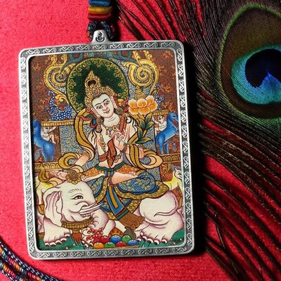 西藏手绘扎基拉姆唐卡吊坠大日如来普贤文殊本命佛阿弥陀佛药师佛