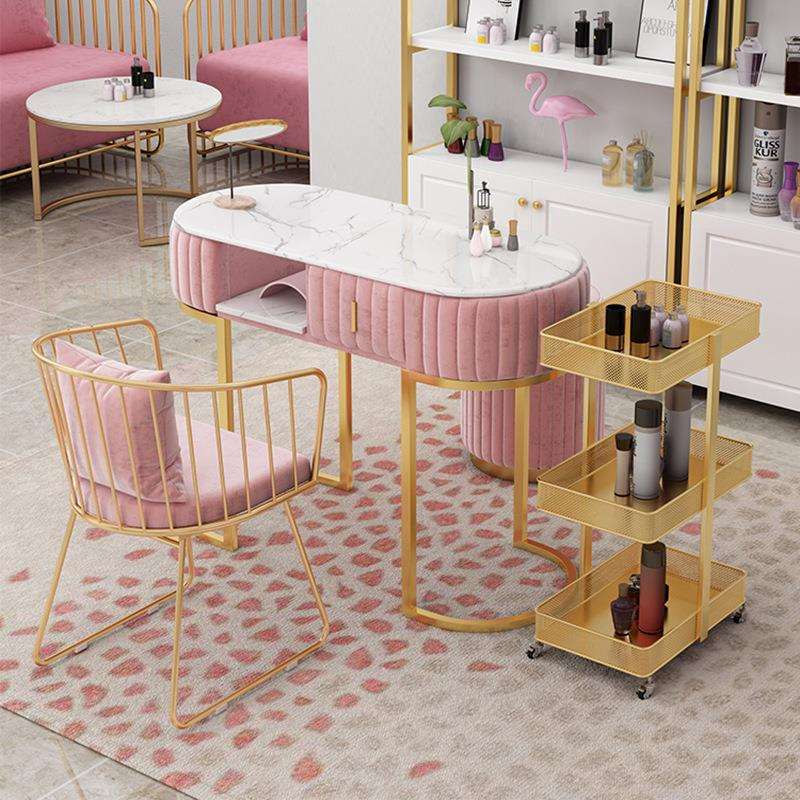 北欧大理石美甲桌椅铁艺双层美甲桌单人双人三人修甲台储物梳妆台