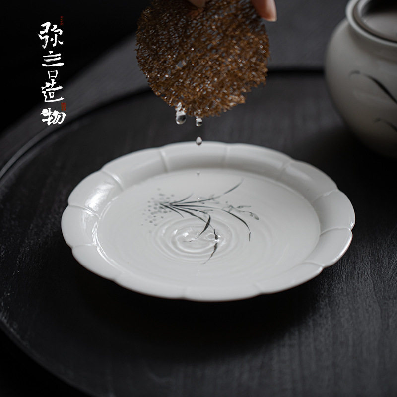 弥言白瓷纯手绘兰花壶承手工花瓣单层茶承养壶垫干泡台家用茶点盘