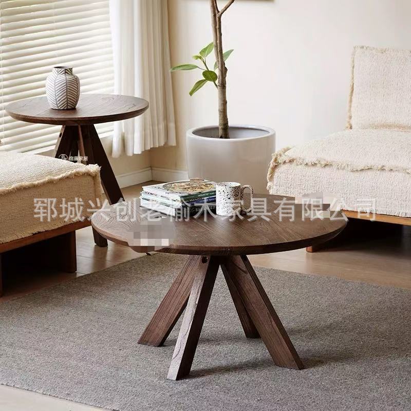 实木复古诧寂风小圆茶几