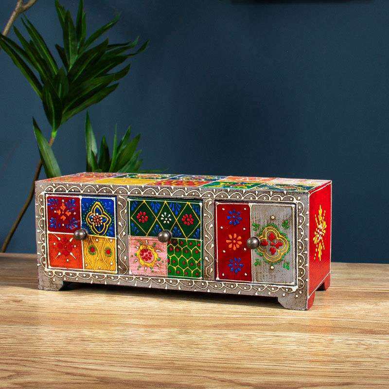 印度特色手工彩绘木质抽屉首饰盒东南亚风桌面首饰杂物收纳盒