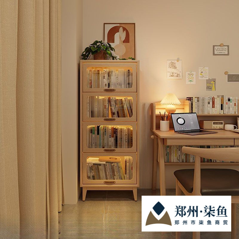 实木书柜家用客厅多层收纳柜书房落地透明翻斗玻璃柜门多功能书架