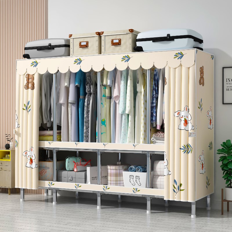 出租房不锈钢f卧室家用全钢架26mm加粗加厚钢管衣柜简易布衣柜衣