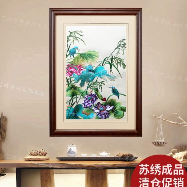 成品精品客厅画花鸟苏绣荷花挂画玄关画卧室装饰刺绣艺术品画餐厅图片