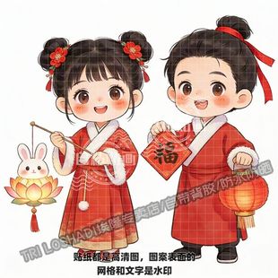 汉服金童玉女门贴放小兔花灯年画新款贴纸墙上门窗过年喜庆送祝福