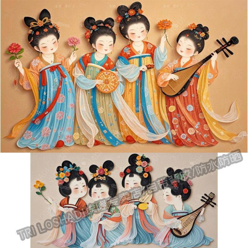快乐的唐朝小仕女自粘贴纸客厅中式装饰古风贴画卧室贴画车身防水
